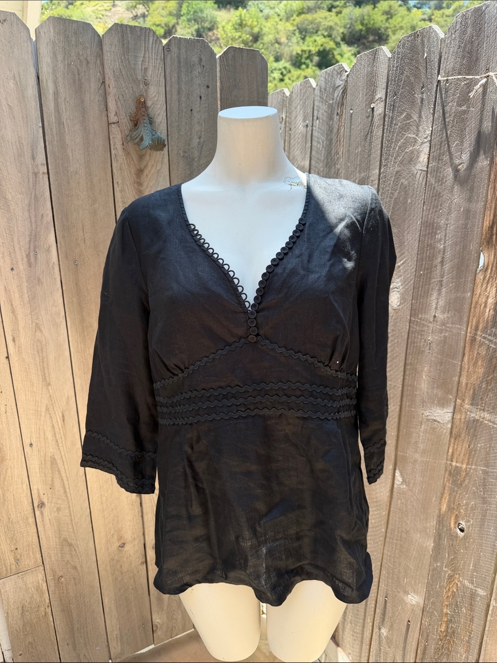 Anne Fontaine Peasant Blouse Top Linen Black V-Neck Tie Back Charlette 46 - Picture 9 of 10